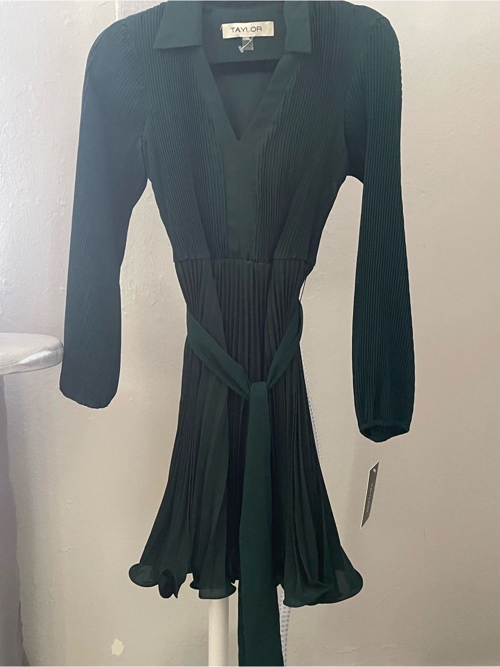 Taylor Dark Green Pleated Long-Sleeve Wrap Dress